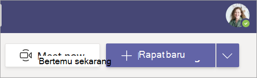 Cuplikan layar yang memperlihatkan tombol Rapat sekarang dan Rapat baru dalam tampilan Teams Calendar.