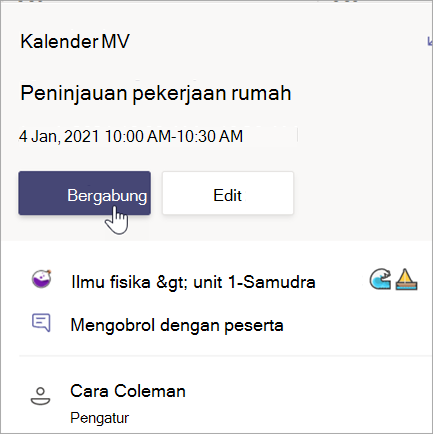 Cuplikan layar yang memperlihatkan kartu rapat tinjau pekerjaan rumah dengan tombol Gabung.