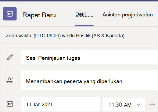 Cuplikan layar yang memperlihatkan Formulir rapat baru di Teams dengan judul, peserta, bidang tanggal, dan waktu.