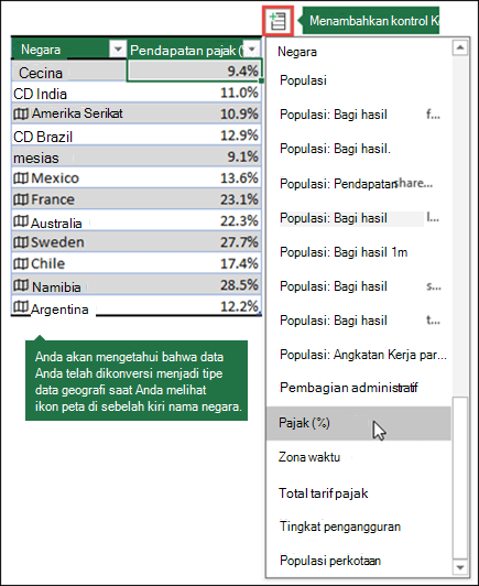 Tambahkan kolom ke tipe data geografi dengan memilih properti dari tombol Tambahkan Kolom.
