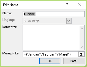 Menambahkan barisan tetap bernama dari Rumus > Nama yang Ditentukan Pengelola >> Nama Baru
