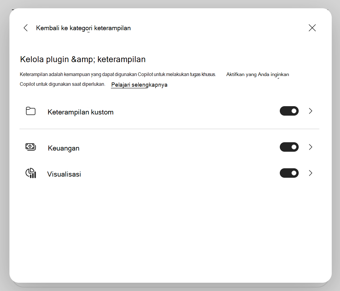 Cuplikan layar dialog Copilot di Excel Kelola plugin & keterampilan.