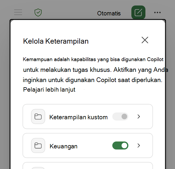 Cuplikan layar dialog Copilot di Excel Kelola keterampilan.