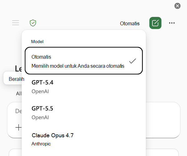 Cuplikan layar menu Pemilih Salinan di model Excel, dengan Otomatis dipilih.