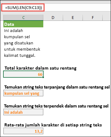 Hitung jumlah total karakter dalam rentang, dan array lainnya untuk bekerja dengan string teks