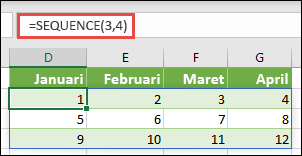Buat barisan tetap 3 baris kali 4 kolom dengan =SEQUENCE(3,4)