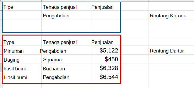 Cuplikan layar Kriteria dan Rentang Daftar