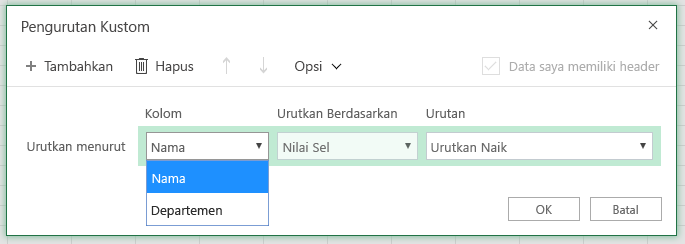 Dialog pengurutan kustom dengan kolom urutkan menurut baris dipilih pada nama kolom