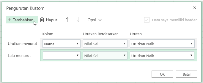 Setelah mengklik Tambahkan tingkat pengurutan lain akan muncul dalam daftar di dekat Lalu Menurut