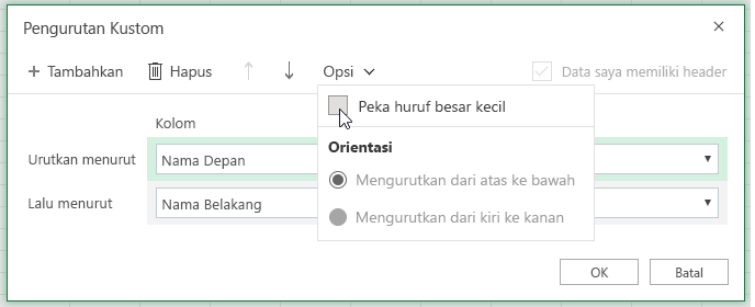Dialog urut kustom ketika peka huruf besar kecil dipilih