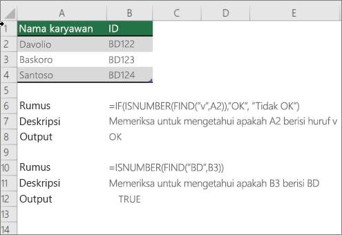 Contoh penggunaan fungsi IF, ISNUMBER, dan FIND untuk memeriksa apakah bagian sel cocok dengan teks tertentu