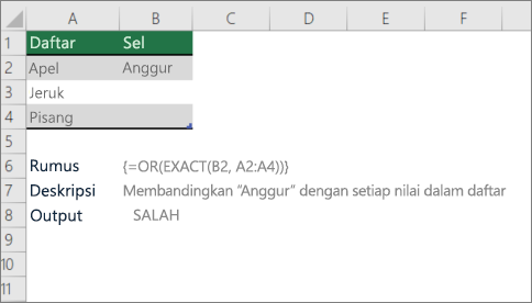 Contoh penggunaan fungsi OR dan EXACT untuk membandingkan satu nilai dengan daftar nilai