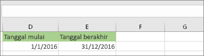 Tanggal mulai di sel D53 adalah 1/1/2016, tanggal akhir berada di sel E53 adalah 31/12/2016