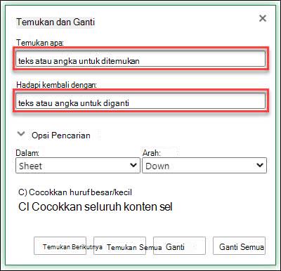 Mengganti teks atau angka dalam buku kerja atau lembar kerja dengan menekan Ctrl+H