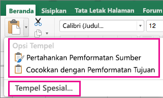 Menu Tempel, memperlihatkan opsi dan Tempel Spesial