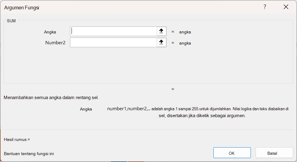 Kotak dialog argumen fungsi Excel