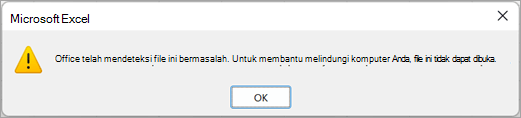 Kotak dialog yang mengatakan bahwa Excel telah mendeteksi masalah dengan file ini dan file tersebut tidak dapat dibuka.