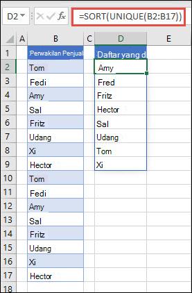 Menggunakan UNIQUE dengan SORT untuk mengembalikan daftar nama dalam urutan naik
