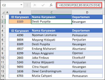 Contoh fungsi XLOOKUP yang digunakan untuk mengembalikan Nama Karyawan dan Departemen berdasarkan IDt Karyawan. Rumusnya adalah: =XLOOKUP(B2,B5:B14,C5:D14,0,1)
