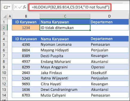 Contoh fungsi XLOOKUP yang digunakan untuk mengembalikan Nama Karyawan dan Departemen berdasarkan ID Karyawan dengan argumen if_not_found. Rumusnya adalah =XLOOKUP(B2,B5:B14,C5:D14,0,1,Employee not found)