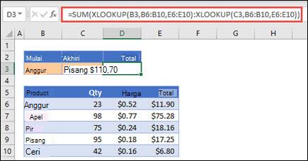Menggunakan XLOOKUP dengan SUM untuk menjumlahkan rentang nilai yang berada di antara dua pilihan