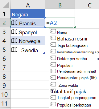 Sel A2 berisi Prancis; Sel B2 berisi =A2. dan menu lengkapiotomatis rumus muncul dengan bidang dari catatan tertaut