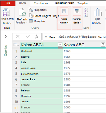 Tampilan Editor Power Query umum