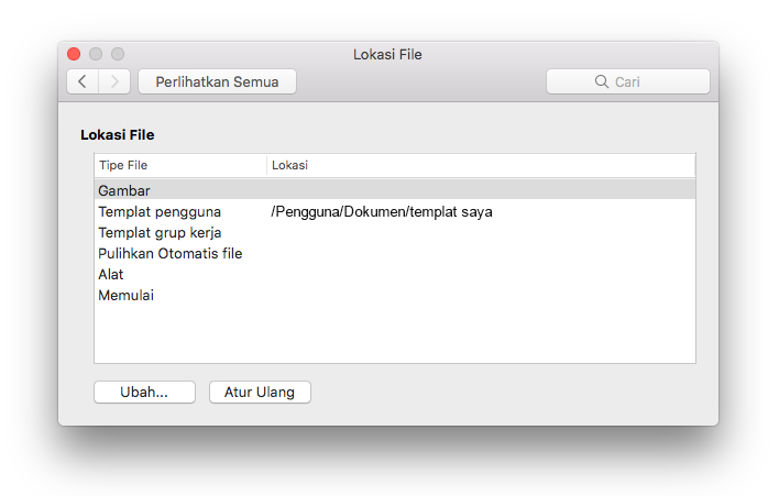 cuplikan layar panel preferensi lokasi File dari Microsoft Word