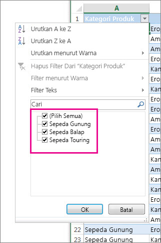Memfilter dengan memilih item dalam daftar