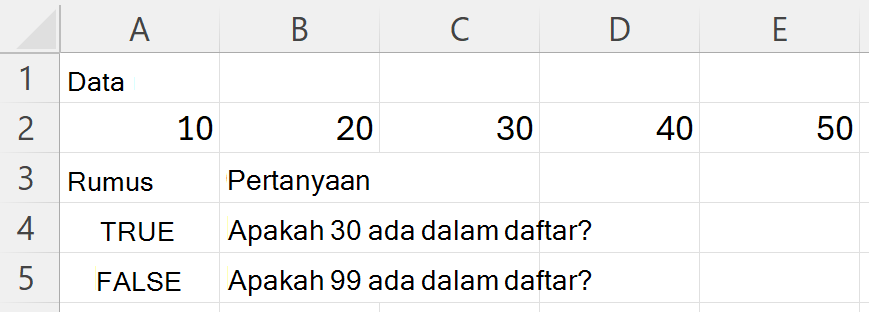 HAS mengembalikan TRUE untuk 30 dan FALSE untuk 99 ketika mencari rentang yang berisi 10, 20, 30, 40, dan 50