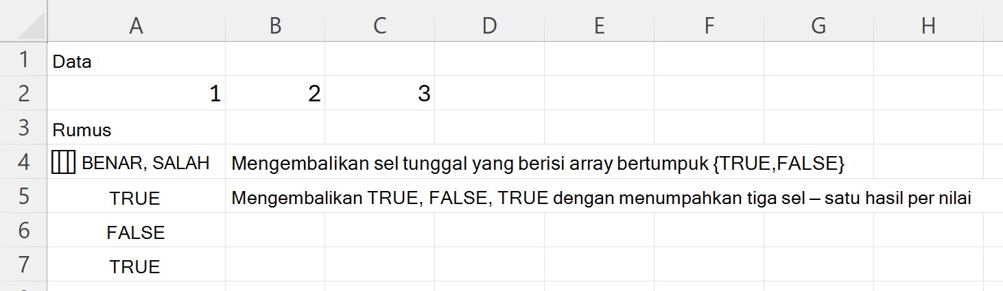 HAS mengembalikan TRUE dan FALSE dalam satu sel array bertumpuk, dan TRUE, FALSE, TRUE tiga sel