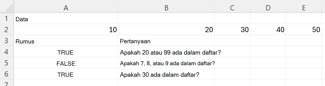 Menggunakan HASANY untuk memeriksa apakah rentang berisi setidaknya satu dari beberapa nilai