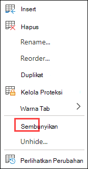 Sembunyikan tab di Excel untuk web.