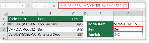 Cuplikan layar yang menunjukkan gunakan INDEX dan MATCH untuk mencari nilai yang berisi lebih dari 255 karakter.