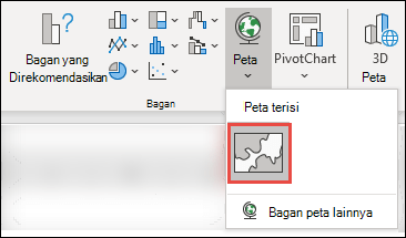 Untuk menyisipkan bagan Peta, pilih sel mana pun dalam rentang data Anda, lalu buka Sisipkan > Bagan > Peta > , pilih ikon Peta Terisi.