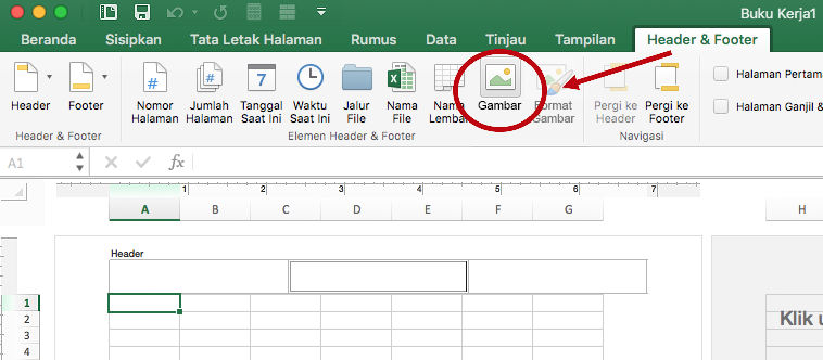 Opsi gambar di tab Header & Footer di pita