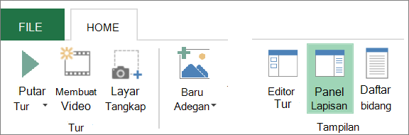 Cuplikan layar yang memperlihatkan tombol Panel Lapisan di tab Beranda Power Map.