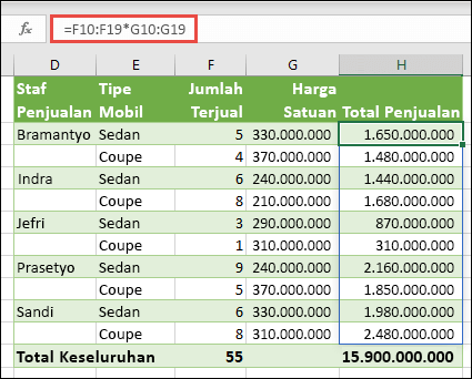 Fungsi array multisel dalam sel H10 =F10:F19*G10:G19 untuk menghitung jumlah mobil yang terjual berdasarkan harga satuan