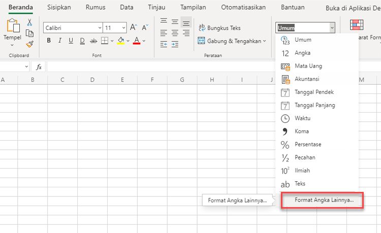 Menu Format Angka dengan opsi Format Angka Lainnya disorot.