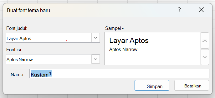 Cuplikan layar yang memperlihatkan Buat Font Tema Baru.