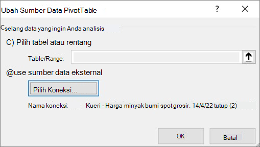 Cuplikan layar yang memperlihatkan kotak dialog Ubah Sumber Data PivotTable.