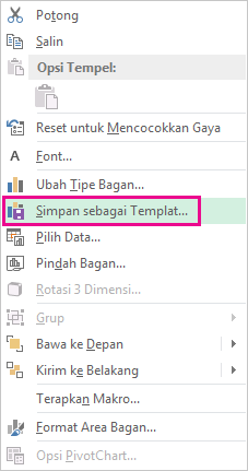 Cuplikan layar yang memperlihatkan perintah Simpan sebagai Templat di menu pintasan.