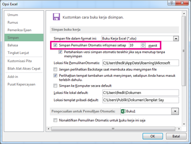 Opsi PemulihanOtomatis pada tab Simpan di kotak dialog Opsi Excel