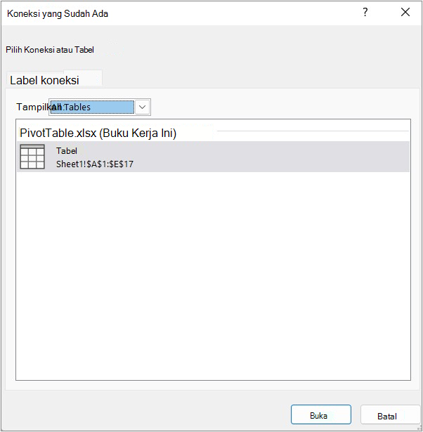 Tab Tabel di kotak dialog Koneksi Yang Sudah Ada
