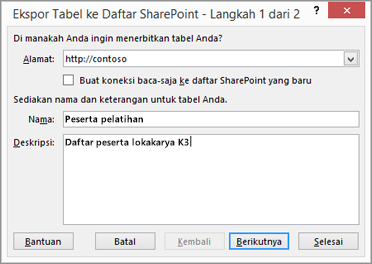 kotak dialog panduan ekspor ke sharepoint
