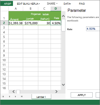 Memasukkan parameter dalam panel yang menggunakannya dalam sel D2