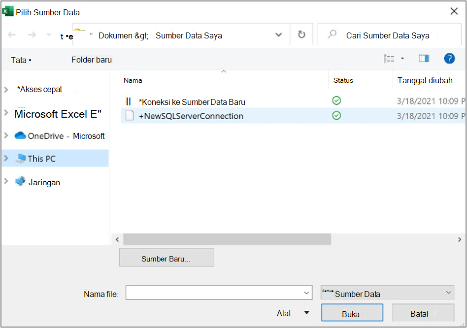 Cuplikan layar yang memperlihatkan kotak dialog Pilih Sumber Data.