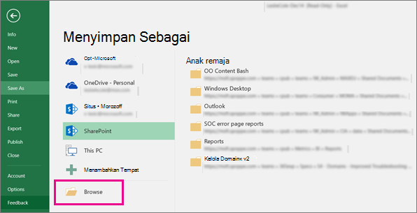 Klik folder SharePoint atau klik Telusuri