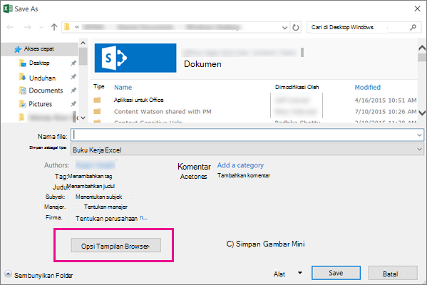 Dalam kotak dialog Simpan Sebagai, klik Opsi Tampilan Browser