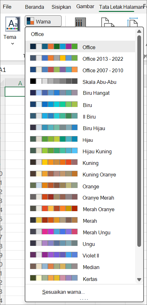 Cuplikan layar yang memperlihatkan galeri Tema Warna dibuka menggunakan tombol Warna di tab Tata Letak Halaman.